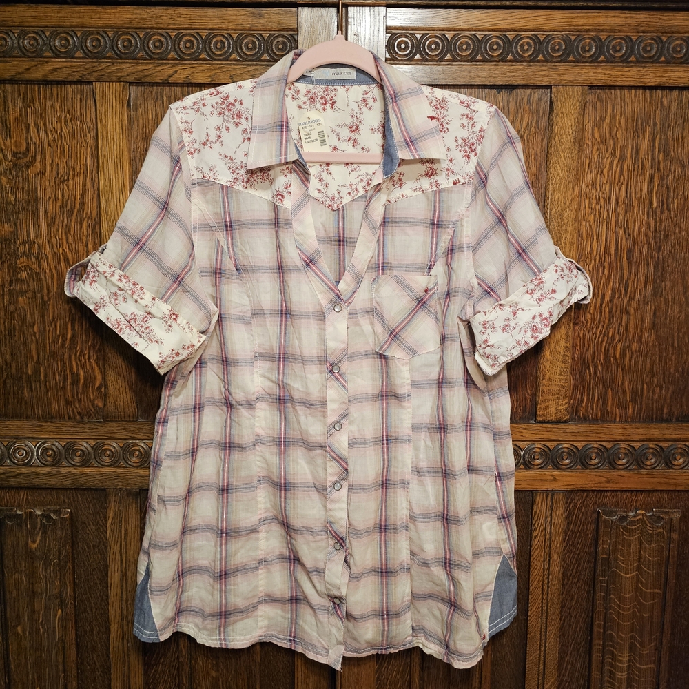 Maurices Pink and White Plaid Floral Shirt